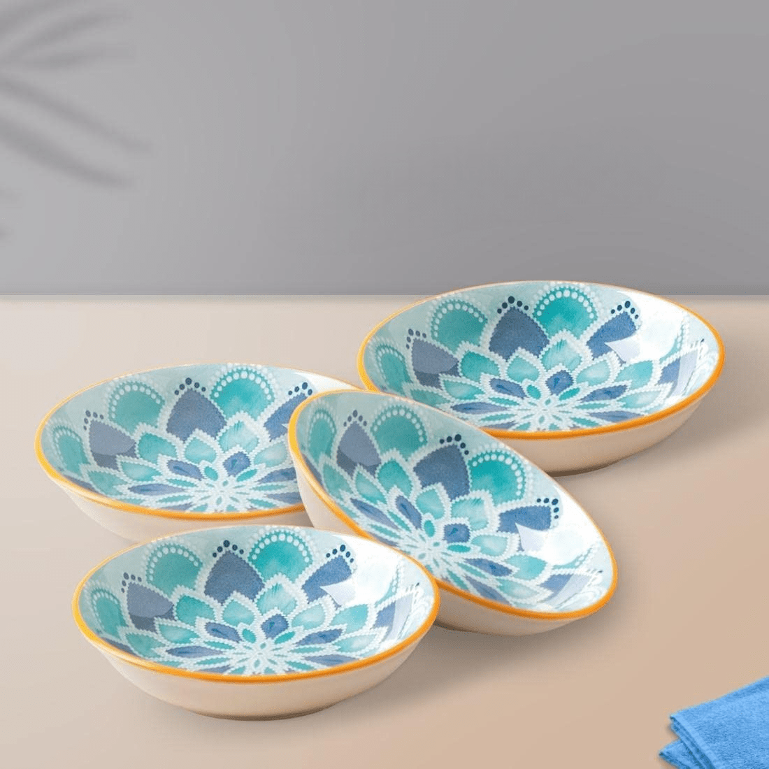 Elegant Aqua Bloom Ceramic Bowls – Set of 4 | Perfect for Snacks, Salads & Desserts - Memories InsiteAQUA BLOOM CERAMIC BOWLS (Set of 4)
